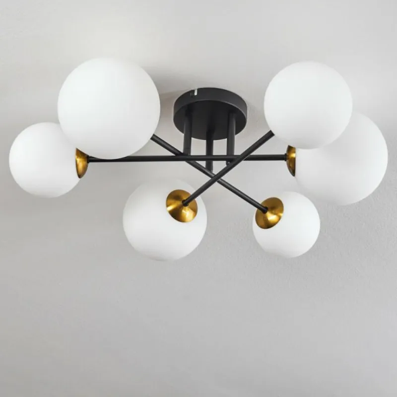 hofstein Plafonnier - Verre 12 cm, 15 cm Chehalis Or, Noir, 6 lumières