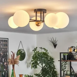 hofstein Plafonnier - Verre 12 cm, 15 cm Chehalis Or, Noir, 6 lumières