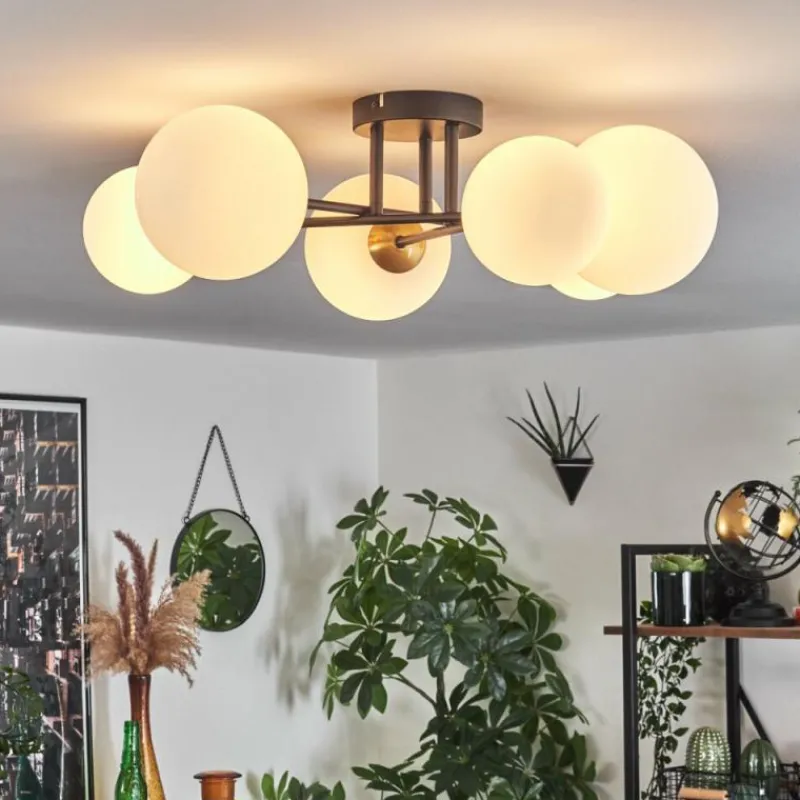 hofstein Plafonnier - Verre 12 cm, 15 cm Chehalis Or, Noir, 6 lumières