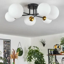 hofstein Plafonnier - Verre 12 cm, 15 cm Chehalis Or, Noir, 6 lumières