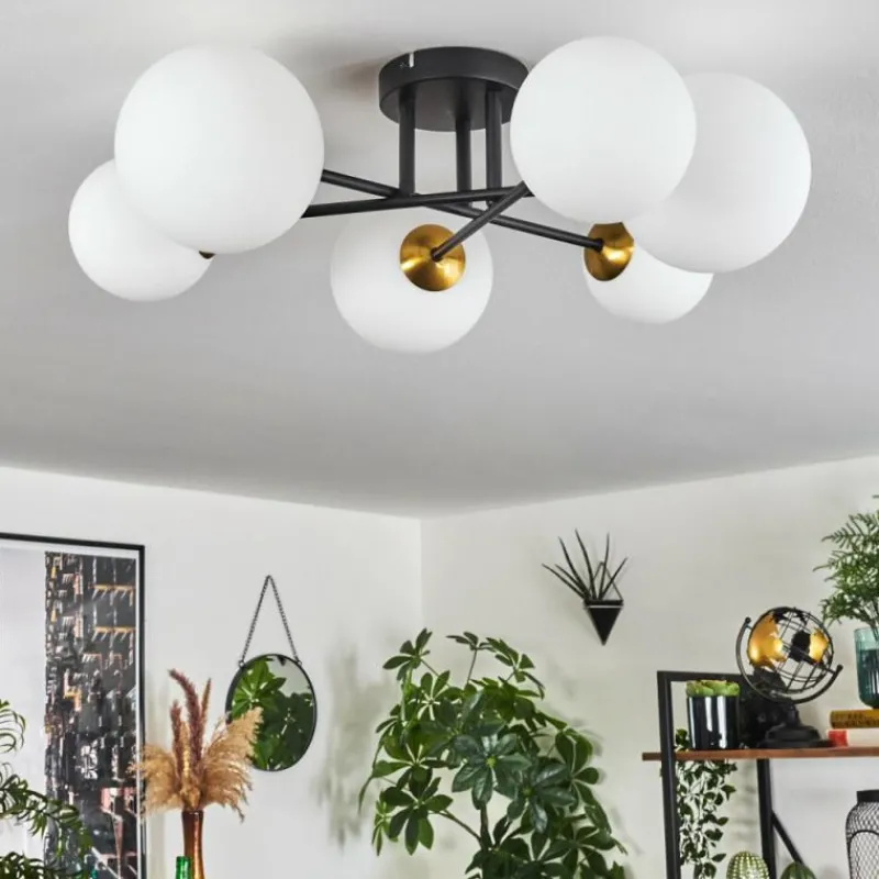 hofstein Plafonnier - Verre 12 cm, 15 cm Chehalis Or, Noir, 6 lumières