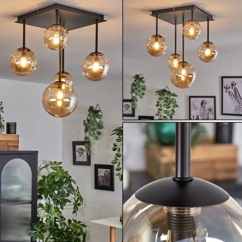 hofstein Plafonnier - Verre 10 cm, 12 cm, 15 cm Chehalis Ambre, 5 lumières