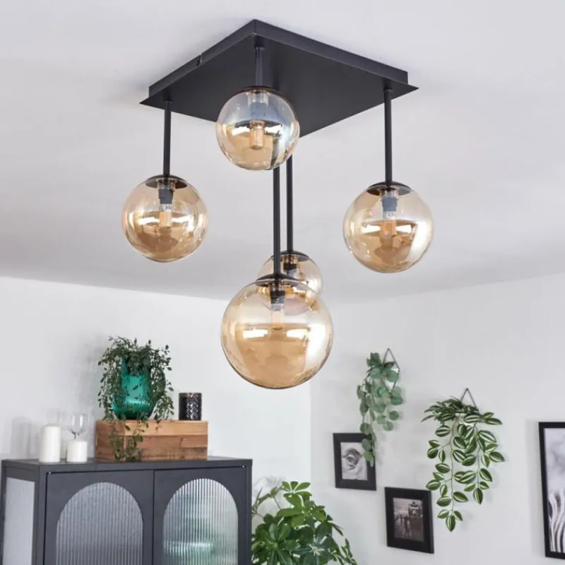 hofstein Plafonnier - Verre 10 cm, 12 cm, 15 cm Chehalis Ambre, 5 lumières