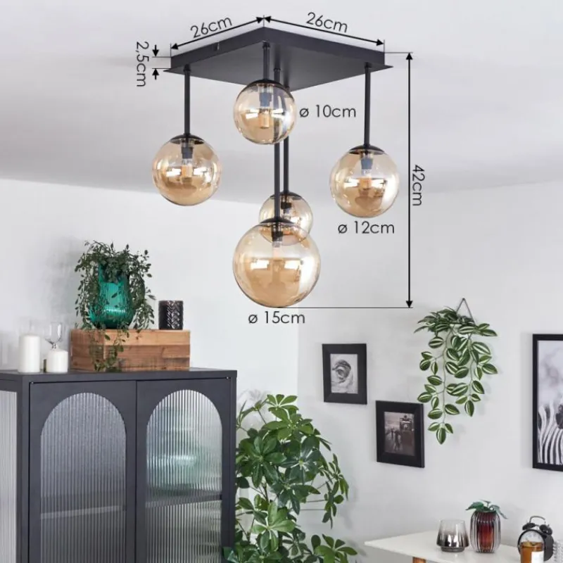 hofstein Plafonnier - Verre 10 cm, 12 cm, 15 cm Chehalis Ambre, 5 lumières