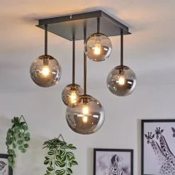 hofstein Plafonnier - Verre 10 cm, 12 cm, 15 cm Chehalis Fumé, 5 lumières