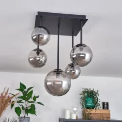 hofstein Plafonnier - Verre 10 cm, 12 cm, 15 cm Chehalis Fumé, 5 lumières