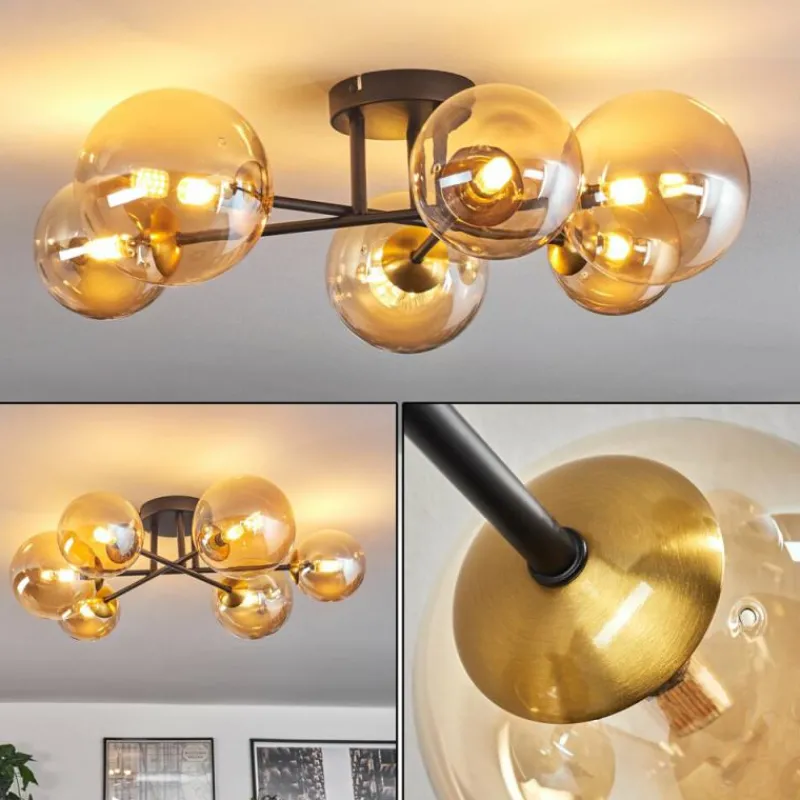 hofstein Plafonnier - Verre 12 cm, 15 cm Chehalis Or, Noir, 6 lumières