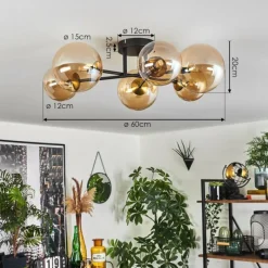 hofstein Plafonnier - Verre 12 cm, 15 cm Chehalis Or, Noir, 6 lumières