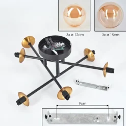 hofstein Plafonnier - Verre 12 cm, 15 cm Chehalis Or, Noir, 6 lumières