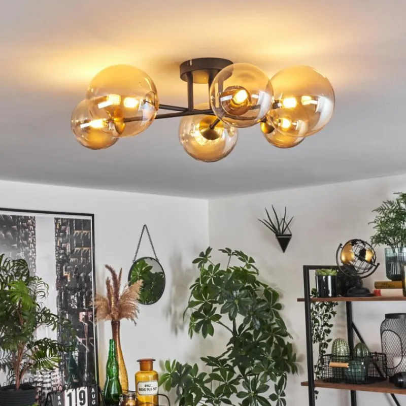 hofstein Plafonnier - Verre 12 cm, 15 cm Chehalis Or, Noir, 6 lumières