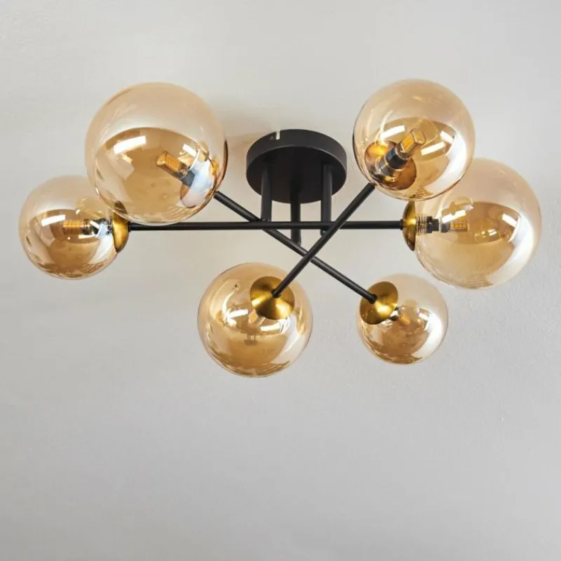 hofstein Plafonnier - Verre 12 cm, 15 cm Chehalis Or, Noir, 6 lumières