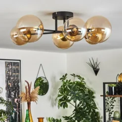 hofstein Plafonnier - Verre 12 cm, 15 cm Chehalis Or, Noir, 6 lumières