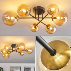 hofstein Plafonnier - Verre 10 cm, 12 cm, 15 cm Chehalis Or, Noir, 6 lumières