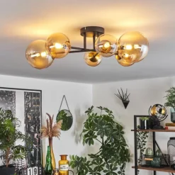 hofstein Plafonnier - Verre 10 cm, 12 cm, 15 cm Chehalis Or, Noir, 6 lumières