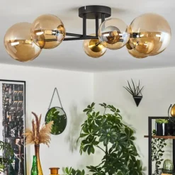 hofstein Plafonnier - Verre 10 cm, 12 cm, 15 cm Chehalis Or, Noir, 6 lumières