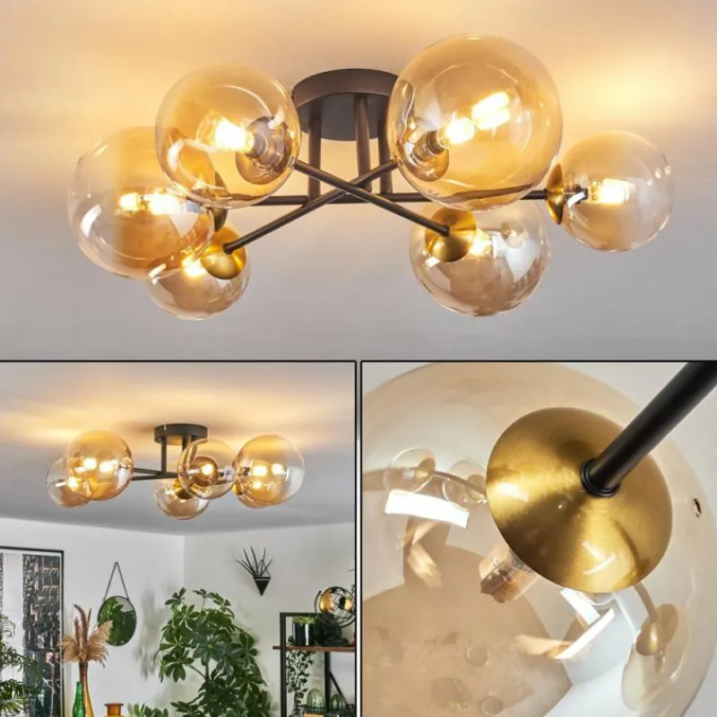 hofstein Plafonnier - Verre 12 cm, 15 cm Chehalis Or, Noir, 6 lumières