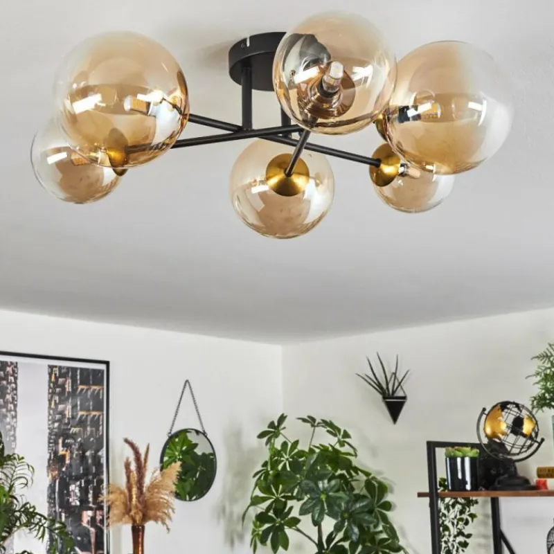 hofstein Plafonnier - Verre 12 cm, 15 cm Chehalis Or, Noir, 6 lumières