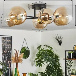 hofstein Plafonnier - Verre 12 cm, 15 cm Chehalis Or, Noir, 6 lumières