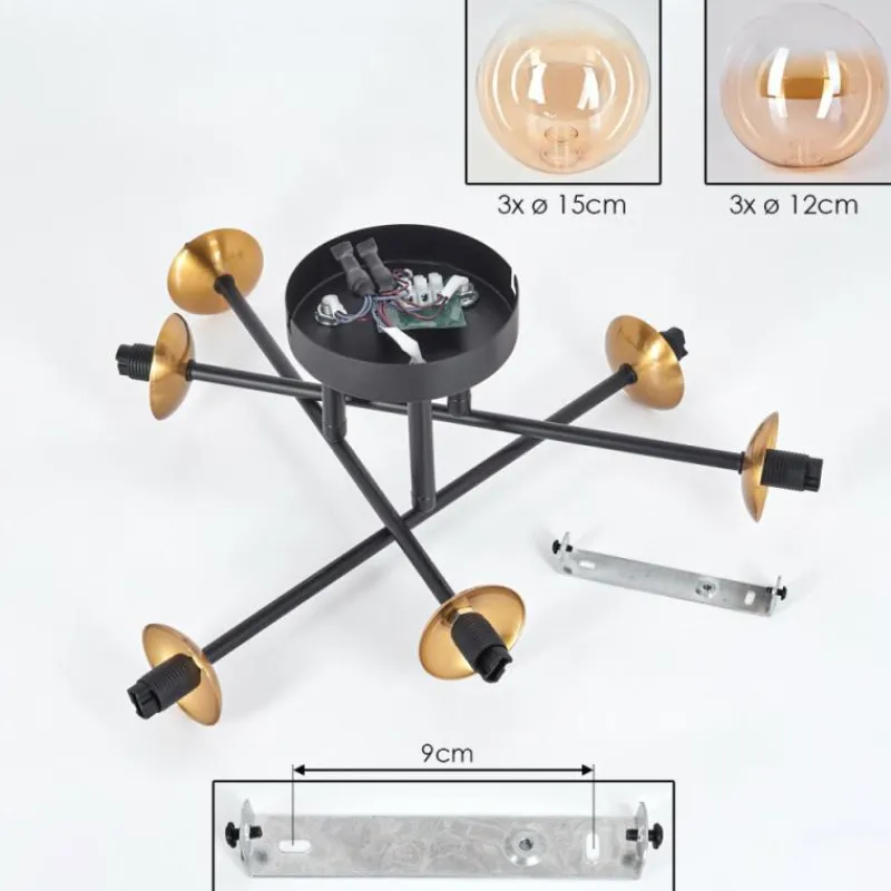 hofstein Plafonnier - Verre 12 cm, 15 cm Chehalis Or, Noir, 6 lumières