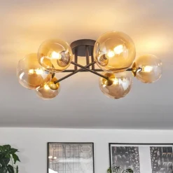 hofstein Plafonnier - Verre 12 cm, 15 cm Chehalis Or, Noir, 6 lumières