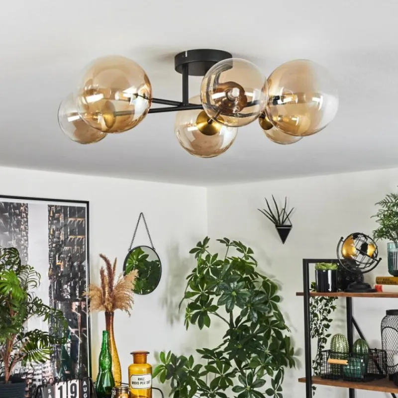 hofstein Plafonnier - Verre 12 cm, 15 cm Chehalis Or, Noir, 6 lumières