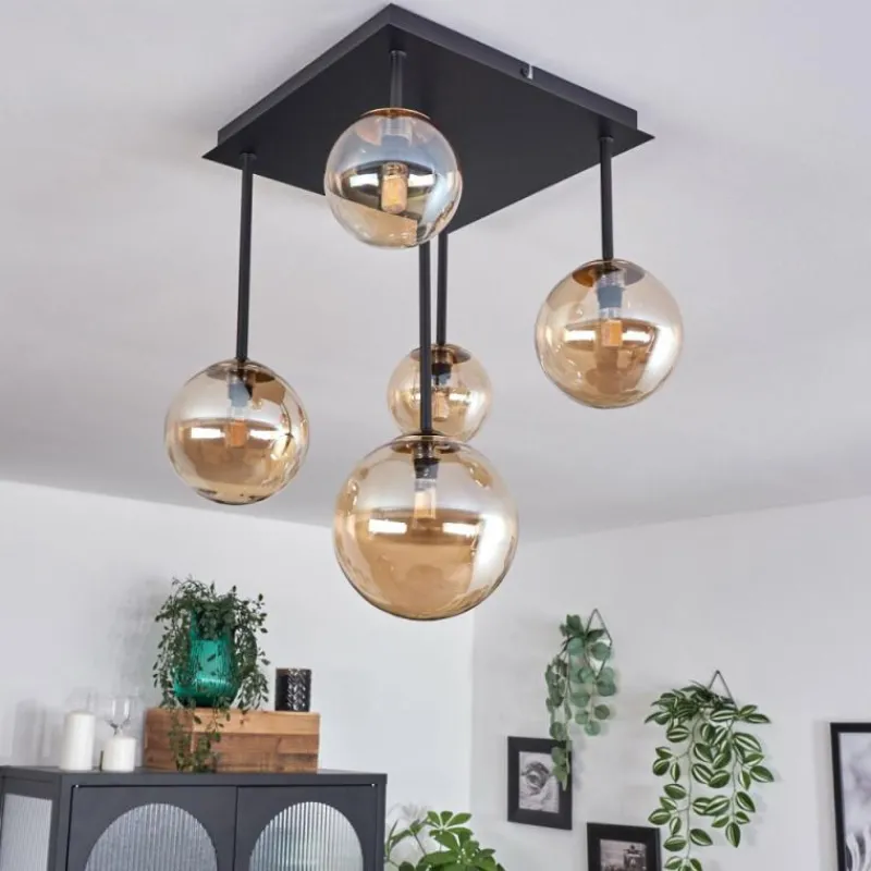 hofstein Plafonnier - Verre 10 cm, 12 cm, 15 cm Chehalis Or, Noir, 5 lumières