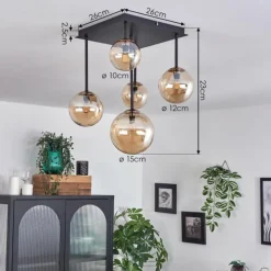 hofstein Plafonnier - Verre 10 cm, 12 cm, 15 cm Chehalis Or, Noir, 5 lumières