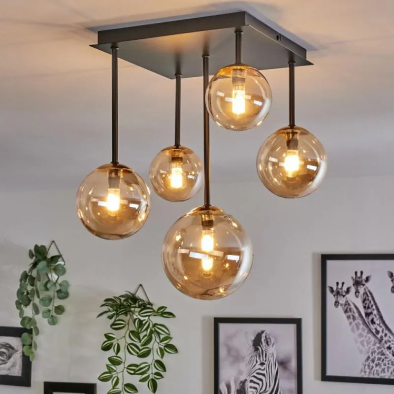 hofstein Plafonnier - Verre 10 cm, 12 cm, 15 cm Chehalis Or, Noir, 5 lumières