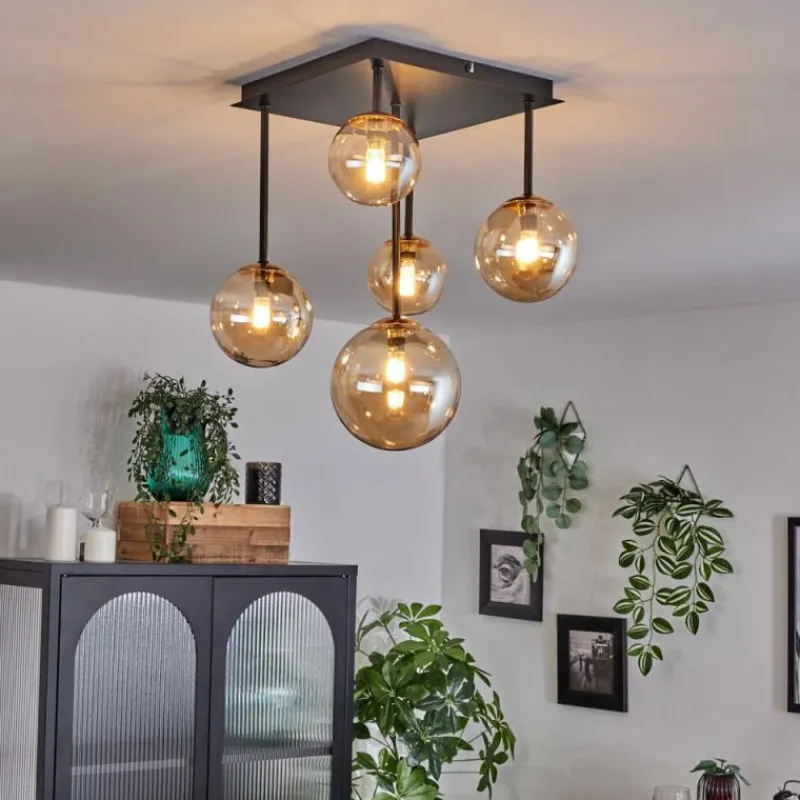 hofstein Plafonnier - Verre 10 cm, 12 cm, 15 cm Chehalis Or, Noir, 5 lumières