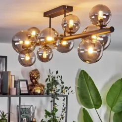 hofstein Plafonnier - Verre 10 cm, 12 cm, 15 cm Chehalis Fumé, 10 lumières