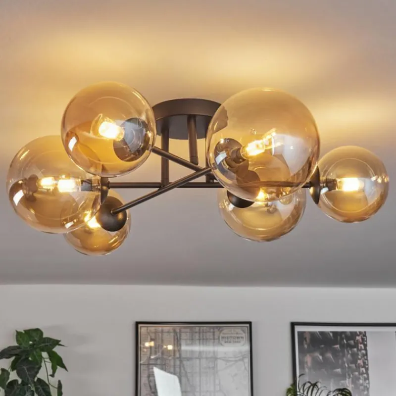 hofstein Plafonnier - Verre 12 cm, 15 cm Chehalis Ambre, 6 lumières