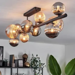 hofstein Plafonnier - Verre 10 cm, 12 cm, 15 cm Chehalis Ambre, Fumé, 10 lumières