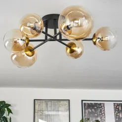 hofstein Plafonnier - Verre 10 cm, 12 cm, 15 cm Chehalis Or, Noir, 6 lumières