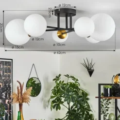 hofstein Plafonnier - Verre 10 cm, 12 cm, 15 cm Chehalis Or, Noir, 6 lumières