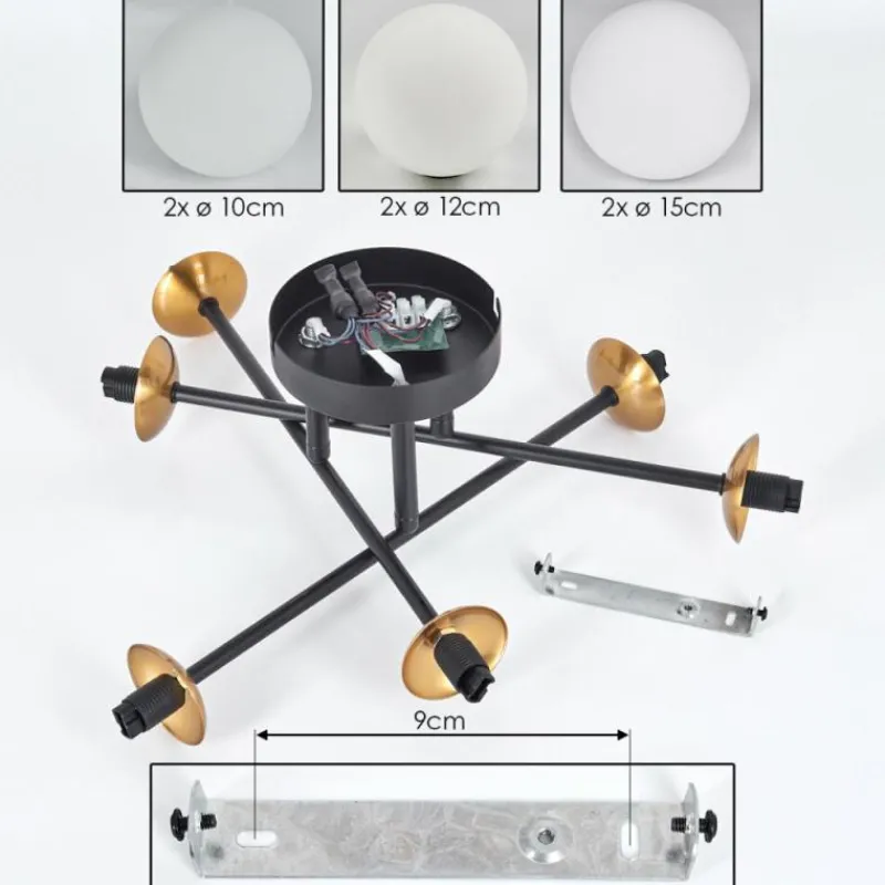 hofstein Plafonnier - Verre 10 cm, 12 cm, 15 cm Chehalis Or, Noir, 6 lumières