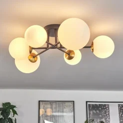 hofstein Plafonnier - Verre 10 cm, 12 cm, 15 cm Chehalis Or, Noir, 6 lumières