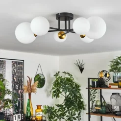 hofstein Plafonnier - Verre 10 cm, 12 cm, 15 cm Chehalis Or, Noir, 6 lumières