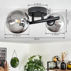 hofstein Plafonnier - Verre 10 cm, 12 cm Chehalis Noir, 2 lumières