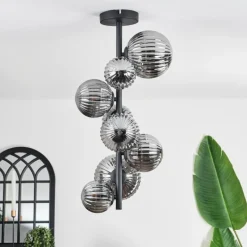 hofstein Plafonnier - Verre 10 cm, 12 cm, 15 cm Chehalis Fumé, 8 lumières