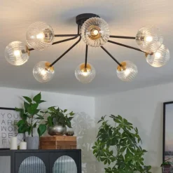 Lampes Dorées-hofstein Plafonnier - Verre 12 cm, 15 cm Chehalis Or, Noir, 8 lumières