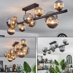 hofstein Plafonnier - Verre 10 cm, 12 cm, 15 cm Chehalis Fumé, 10 lumières