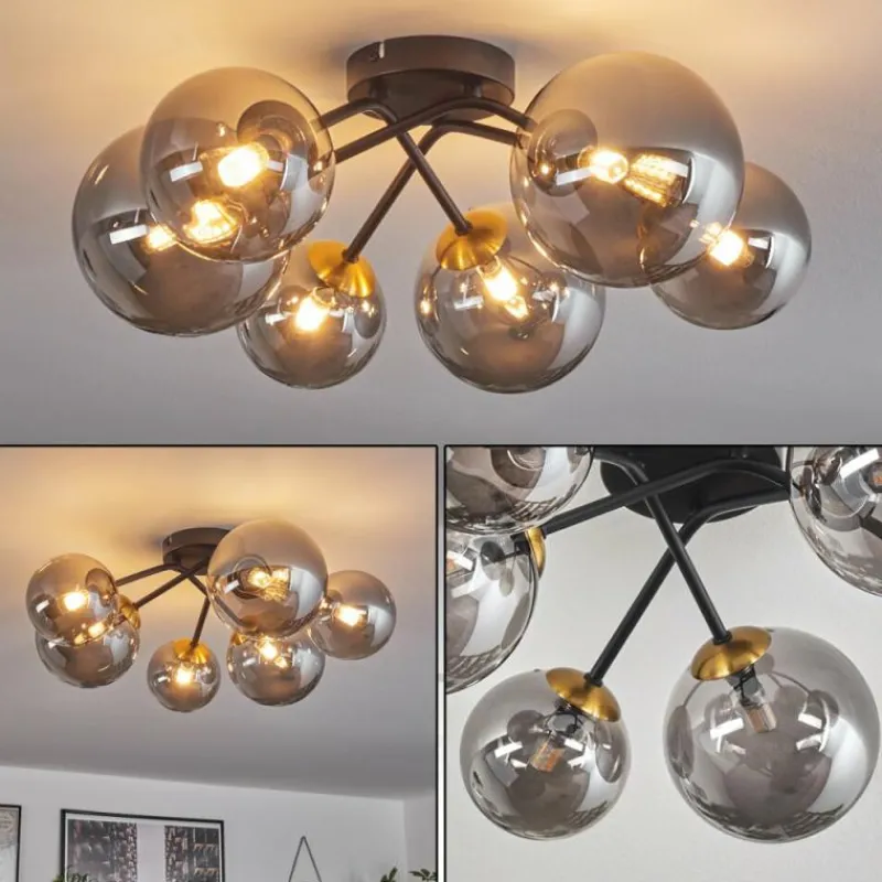 Lampes Art Déco-hofstein Plafonnier - Verre 12 cm, 15 cm Chehalis Or, Noir, 6 lumières