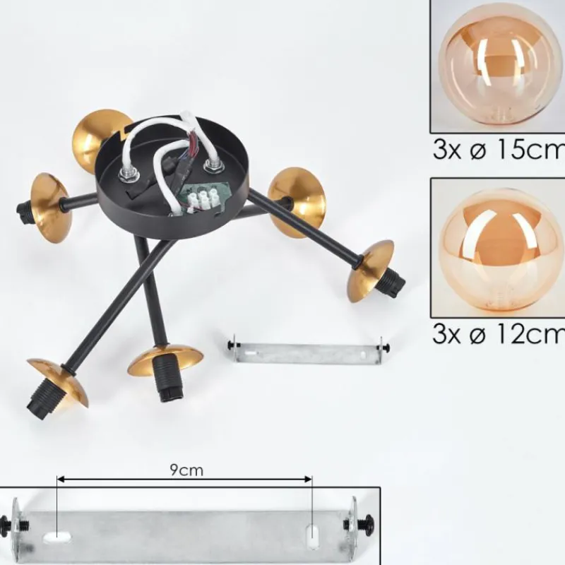 hofstein Plafonnier - Verre 12 cm, 15 cm Chehalis Or, Noir, 6 lumières