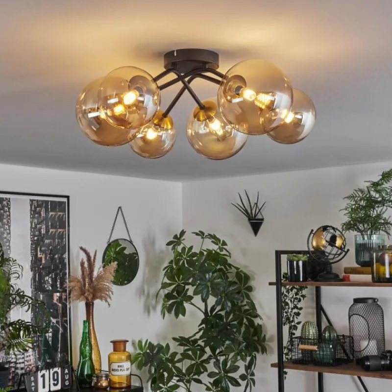 hofstein Plafonnier - Verre 12 cm, 15 cm Chehalis Or, Noir, 6 lumières