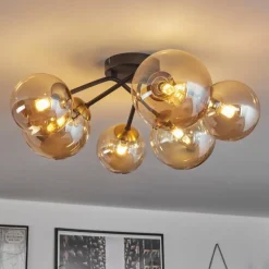 hofstein Plafonnier - Verre 12 cm, 15 cm Chehalis Or, Noir, 6 lumières