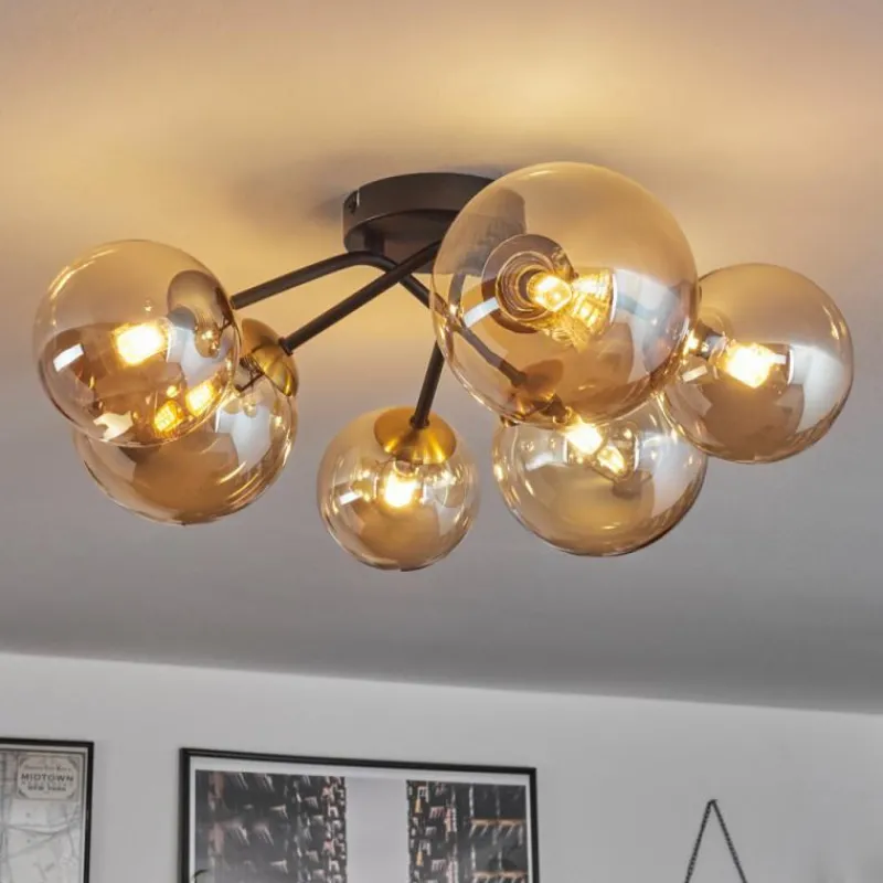 hofstein Plafonnier - Verre 12 cm, 15 cm Chehalis Or, Noir, 6 lumières