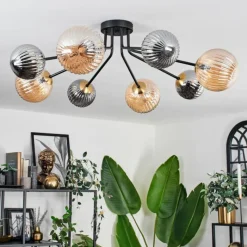 Lampes Dorées-hofstein Plafonnier - Verre 12 cm, 15 cm Chehalis Or, Noir, 8 lumières