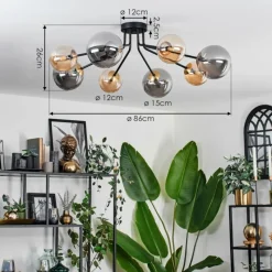 Lampes Dorées-hofstein Plafonnier - Verre 12 cm, 15 cm Chehalis Or, Noir, 8 lumières