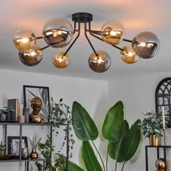 Lampes Dorées-hofstein Plafonnier - Verre 12 cm, 15 cm Chehalis Or, Noir, 8 lumières