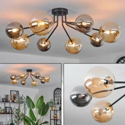 Lampes Dorées-hofstein Plafonnier - Verre 12 cm, 15 cm Chehalis Or, Noir, 8 lumières